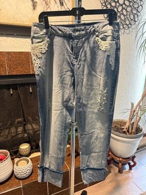 Ruff Hewn Light Blue Denim Jeans with Cream Lace Detail